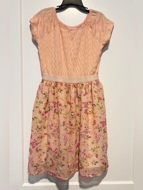Place Peach Knit Bodice Floral Skirt Dress. Girls 7/8